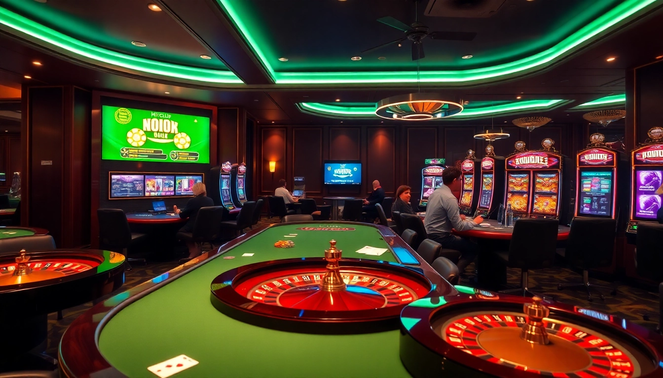 Hitclub casino scene with vibrant slot machines and roulette tables engaging players in thrilling excitement.