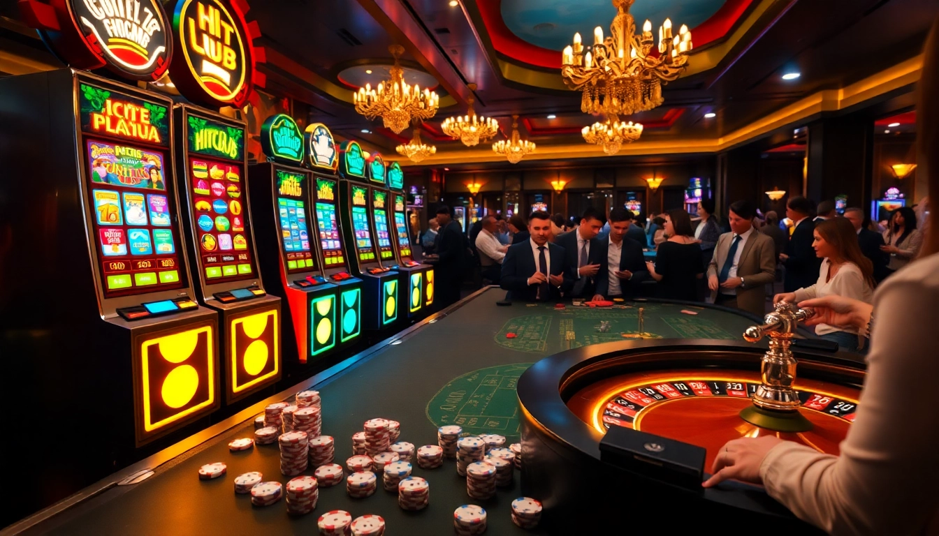 Hitclub nổ hũ gameplay action in a vibrant casino setting with bright slot machines.