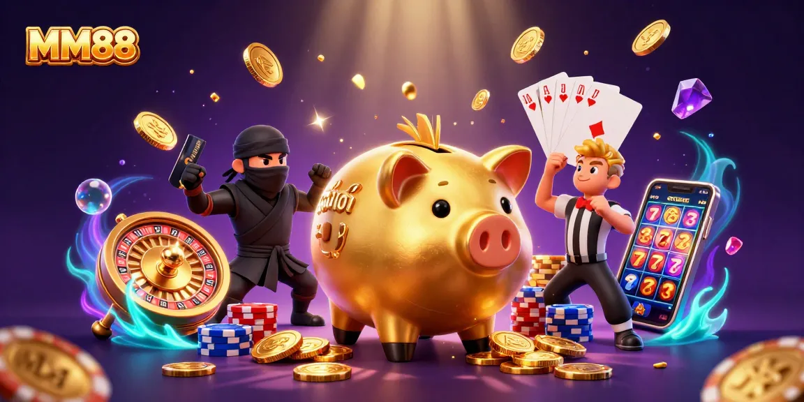 Experience the thrill of MM88 with an illustration featuring a golden piggy bank sumo wrestler in action, surrounded by vibrant casino elements.