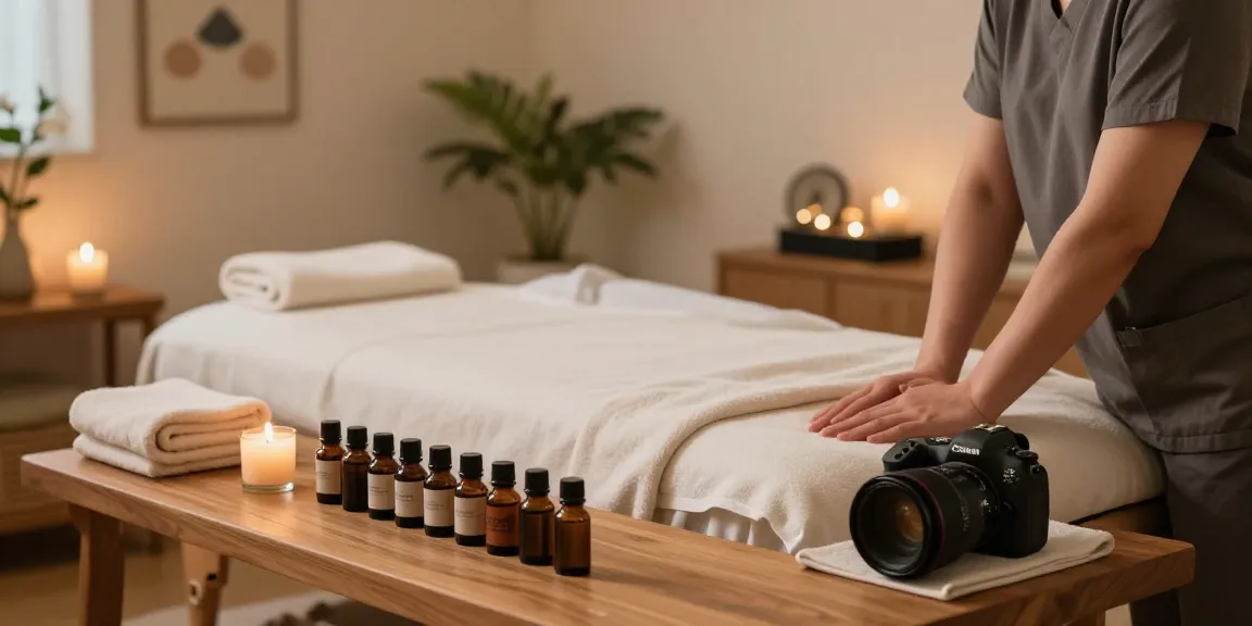 Experience serene 수유동출장마사지 in a calming wellness center, with a massage therapist preparing essential oils.