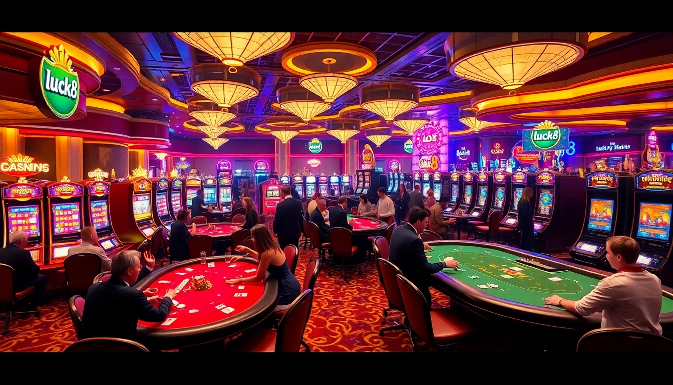 Experience intense gameplay at the luck8 casino, featuring lively poker action and colorful slot machines.