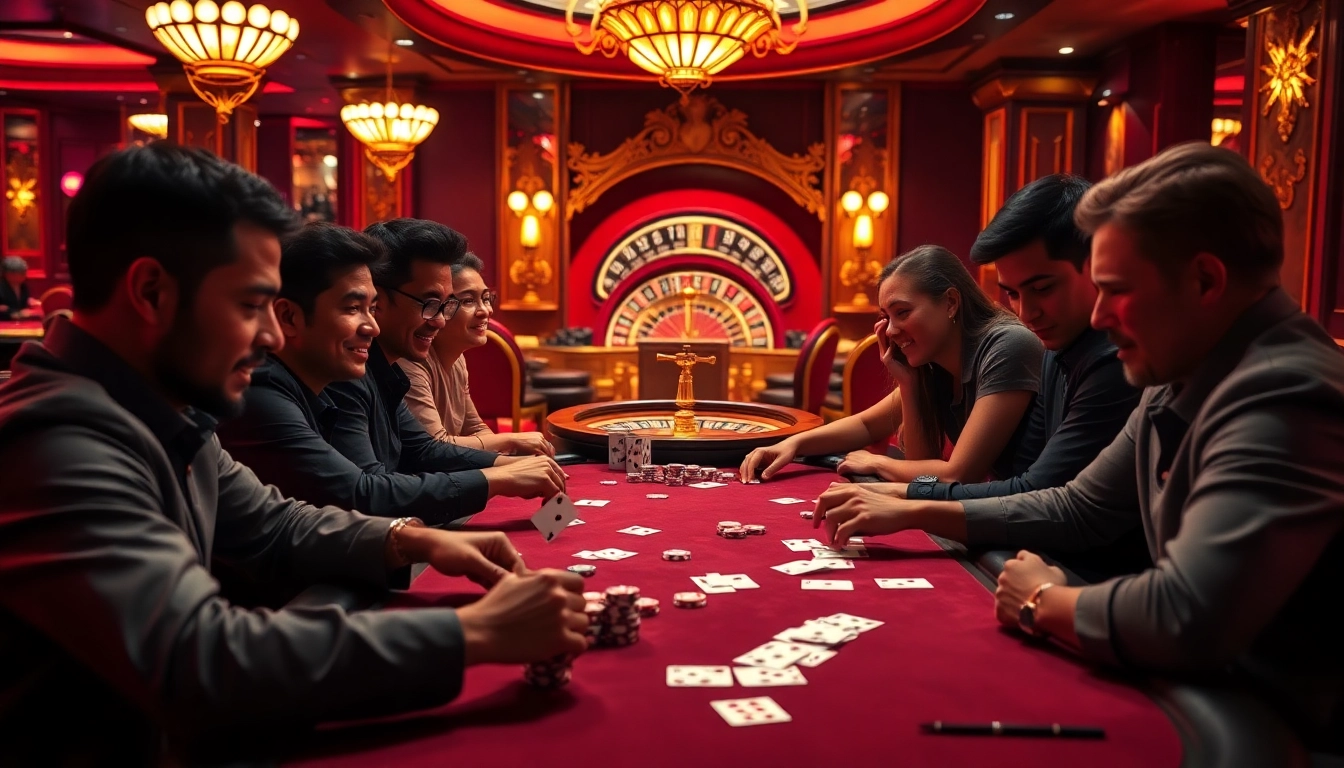 Players strategizing at a high-stakes poker table in a luxurious casino, embodying the thrill of uu88.