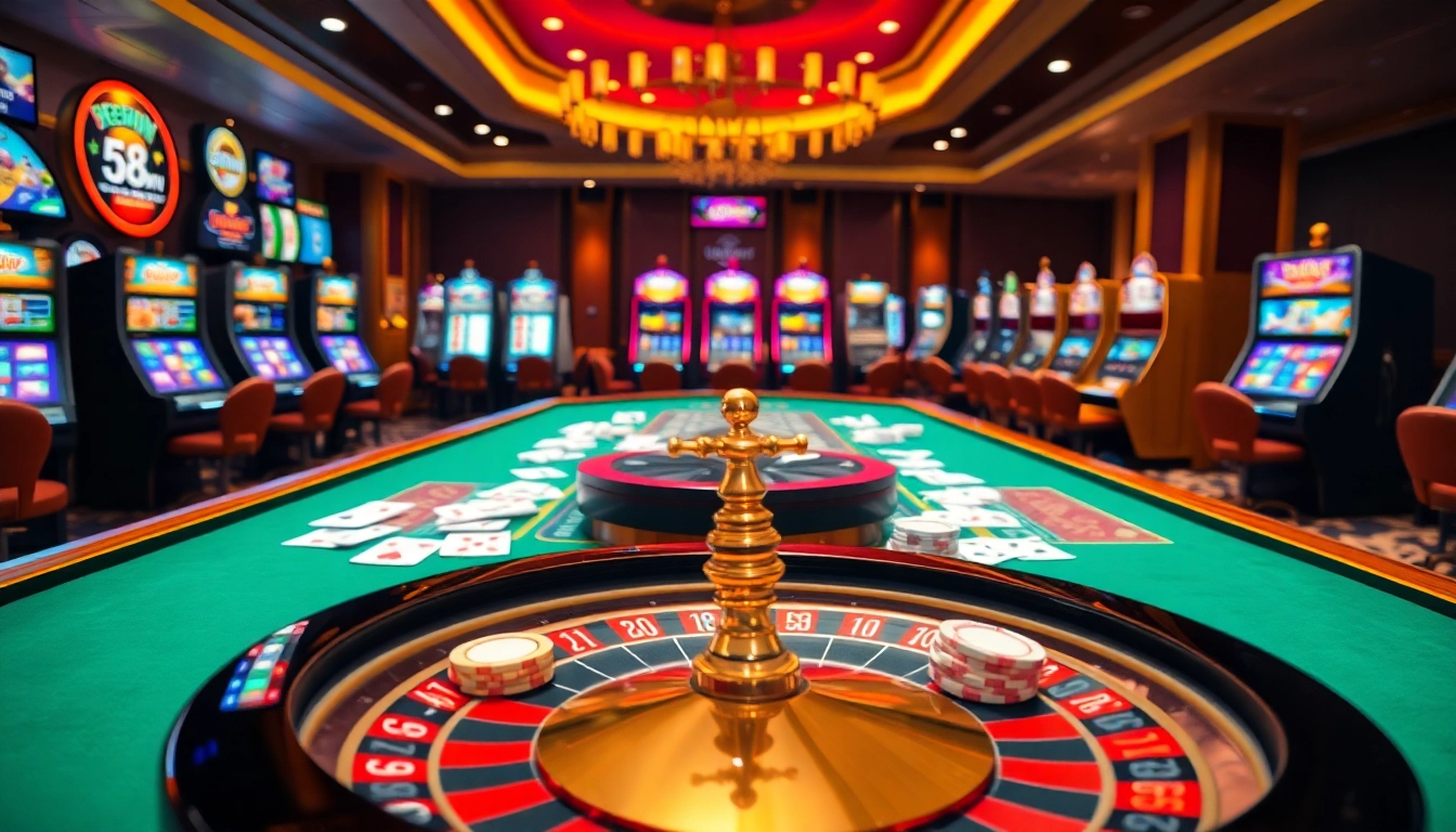 Experience the thrill of gambling at 58win com’s luxurious casino scene with poker chips and roulette action.
