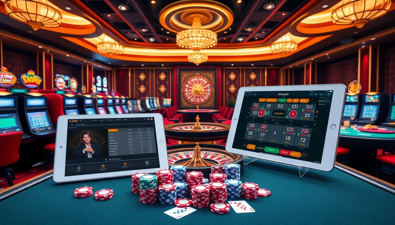 Experience the thrill of NOHU90 with vibrant casino visuals showcasing slot machines and poker tables.