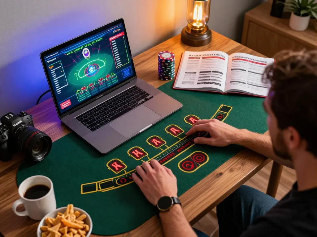 Player enjoying live blackjack on LV88 platform with snacks and strategy guide on desk