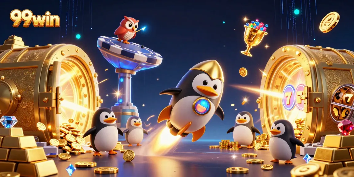 Experience the excitement of 99win with a golden penguin and casino treasures in a dynamic scene.