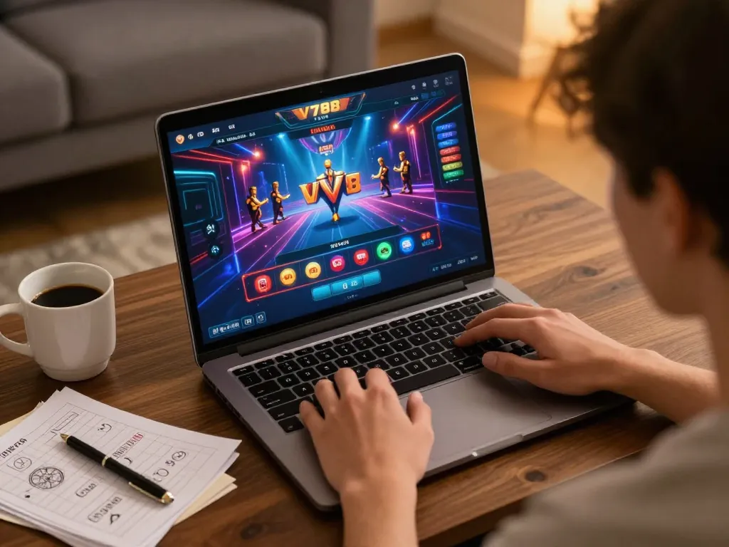 Player engages in V788 online casino gaming at home, showcasing immersive gameplay.