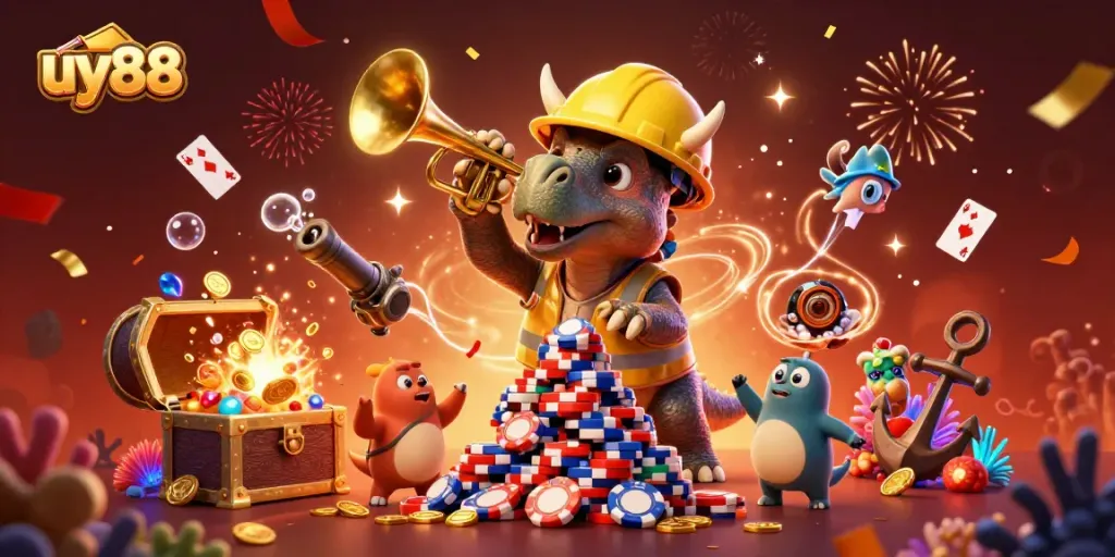Exciting celebration scene with uy88 characters building poker chip pyramid while celebrating with gold coins and gems.