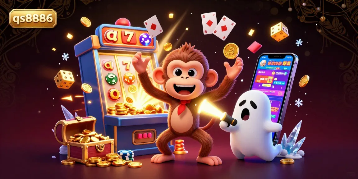Experience thrilling gameplay with qs8886's vibrant casino scene featuring a mischievous poltergeist monkey and adventurous puppy.