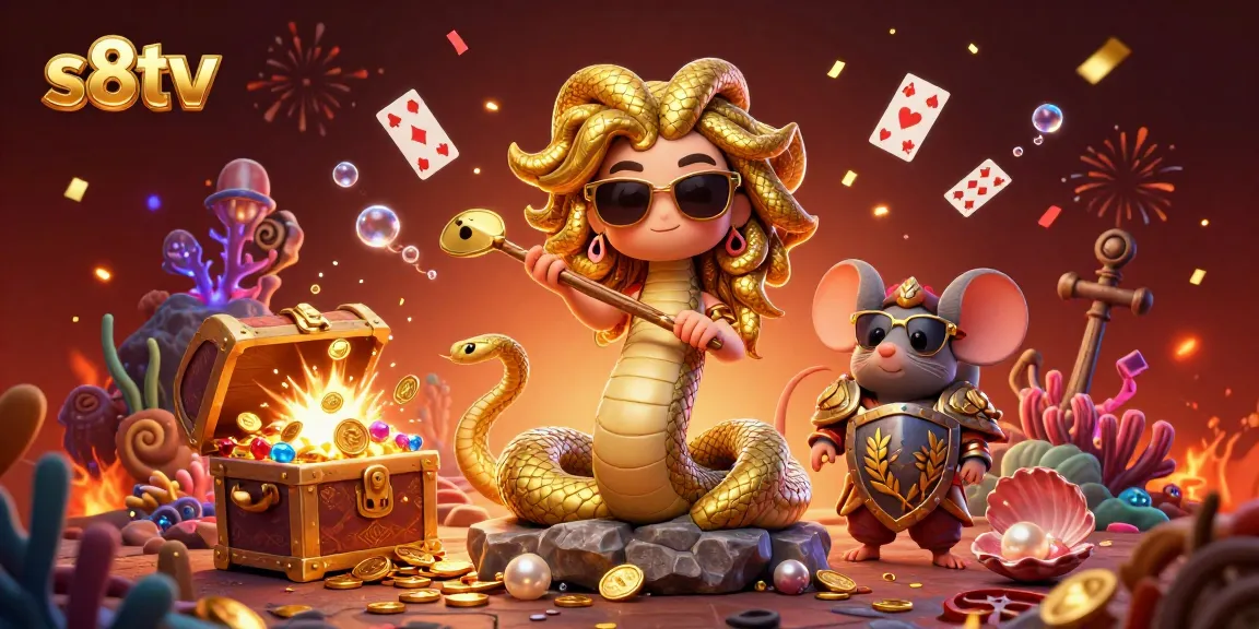 Engage with the vibrant s8tv casino scene featuring Medusa and a warrior mouse, amidst gold coins and festive elements.