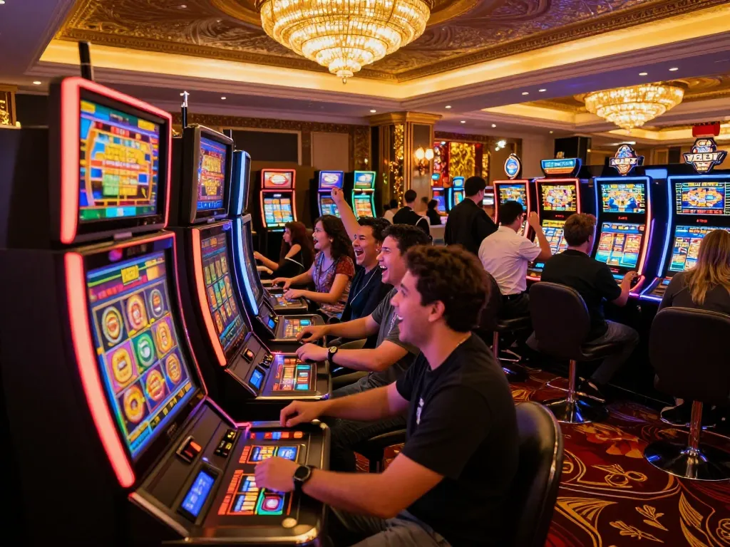 Players celebrating a win at colorful slot machines highlighting excitement at 92slot casino.