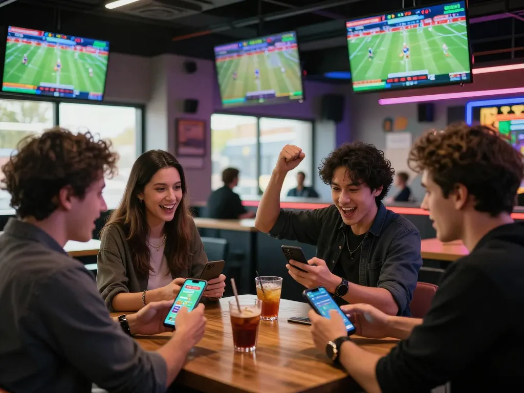 Situs judi bola parlay action in a lively sports betting lounge with friends engaging actively in betting.