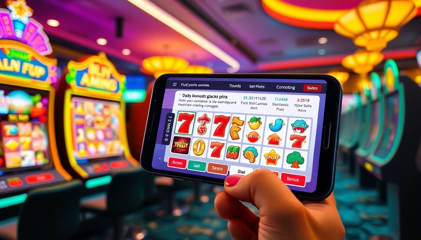 Explore the vibrant gaming environment of AMAN788 showcasing colorful slot machines, daily bonuses, and engaging user testimonials.