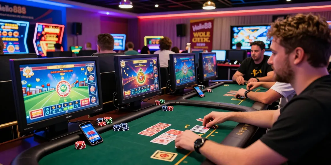 Engaged players enjoying online casino games at Hello88 showcasing diverse games and vibrant atmosphere.