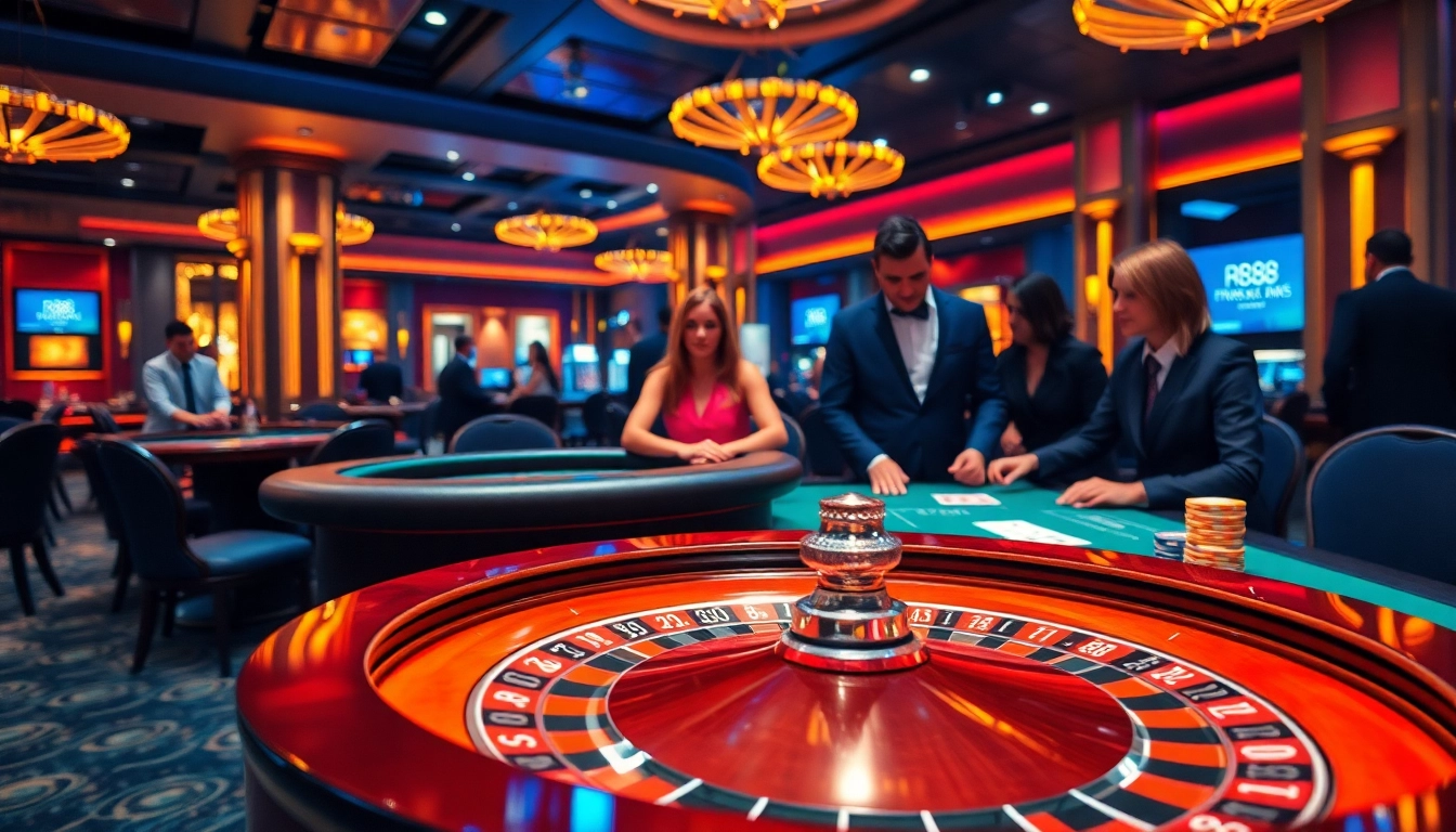 Experience high-stakes gambling at RR88's luxurious casino tables, featuring roulette wheels and poker games.