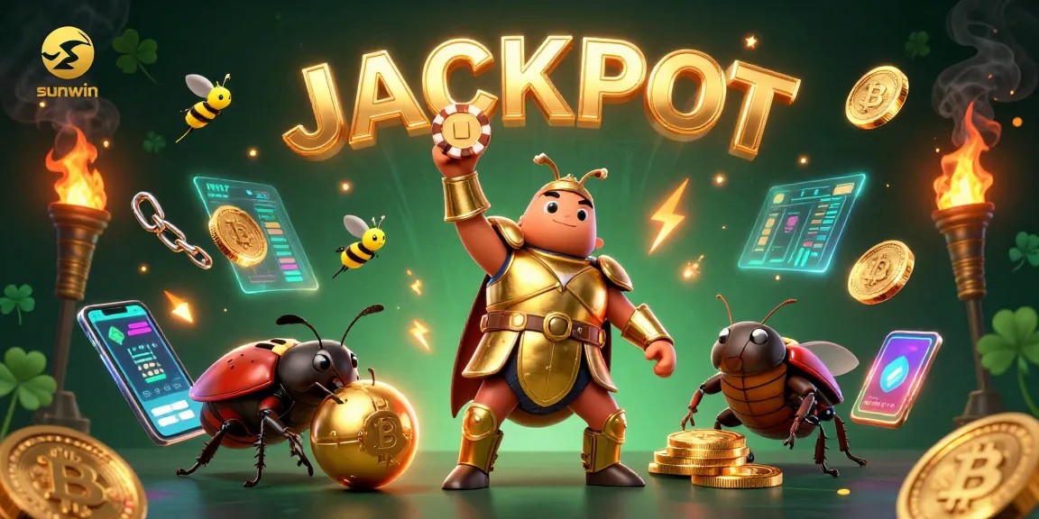 Engage with sunwin's thrilling gameplay as a cartoon beetle lifts a poker chip, surrounded by vibrant casino elements.