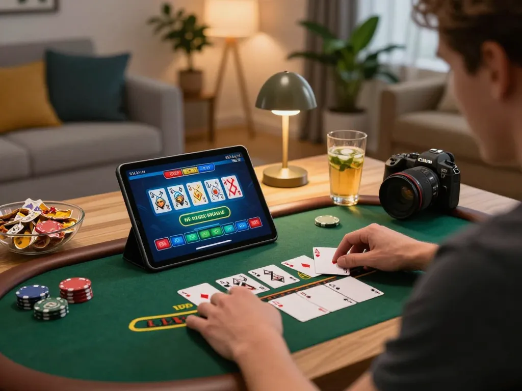 Engaging in live dealer blackjack on https://nk88.credit/ with a tablet in a cozy home setting.