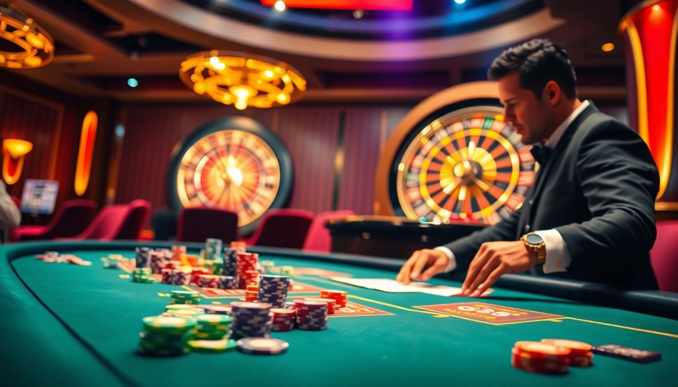 Capturing the excitement of gambling at GA888 with vibrant poker chips and a spinning roulette wheel.