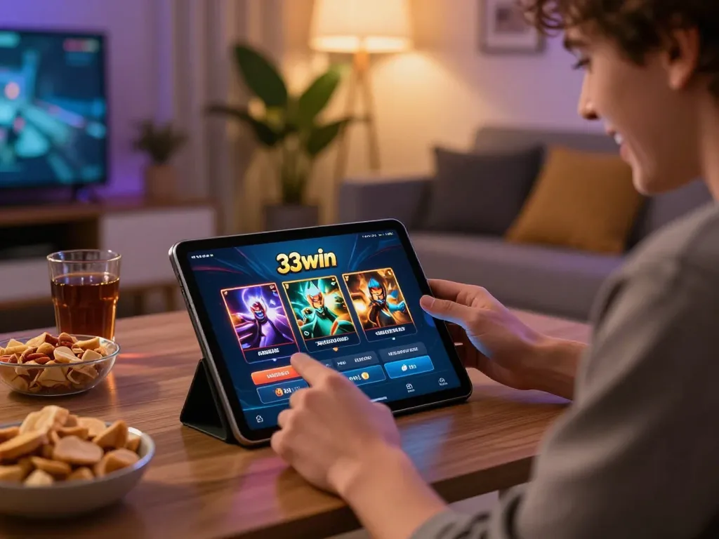 Player enjoying online gaming experience on the 33win app at home, highlighting engagement and convenience.