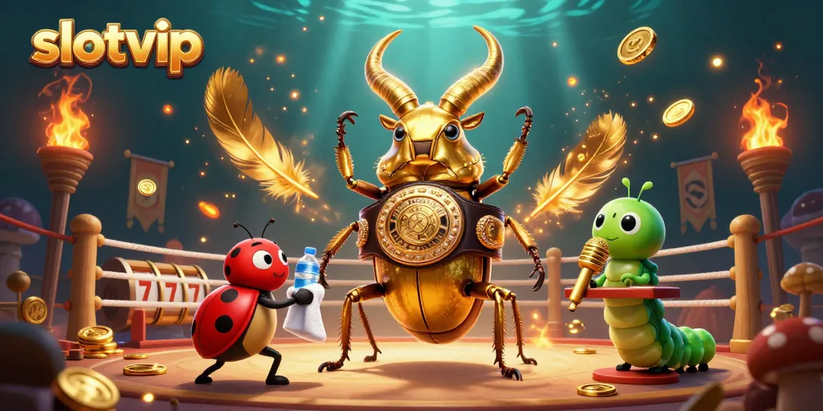 Experience exciting gameplay with slotvip, featuring a golden stag beetle in a vibrant casino scene.