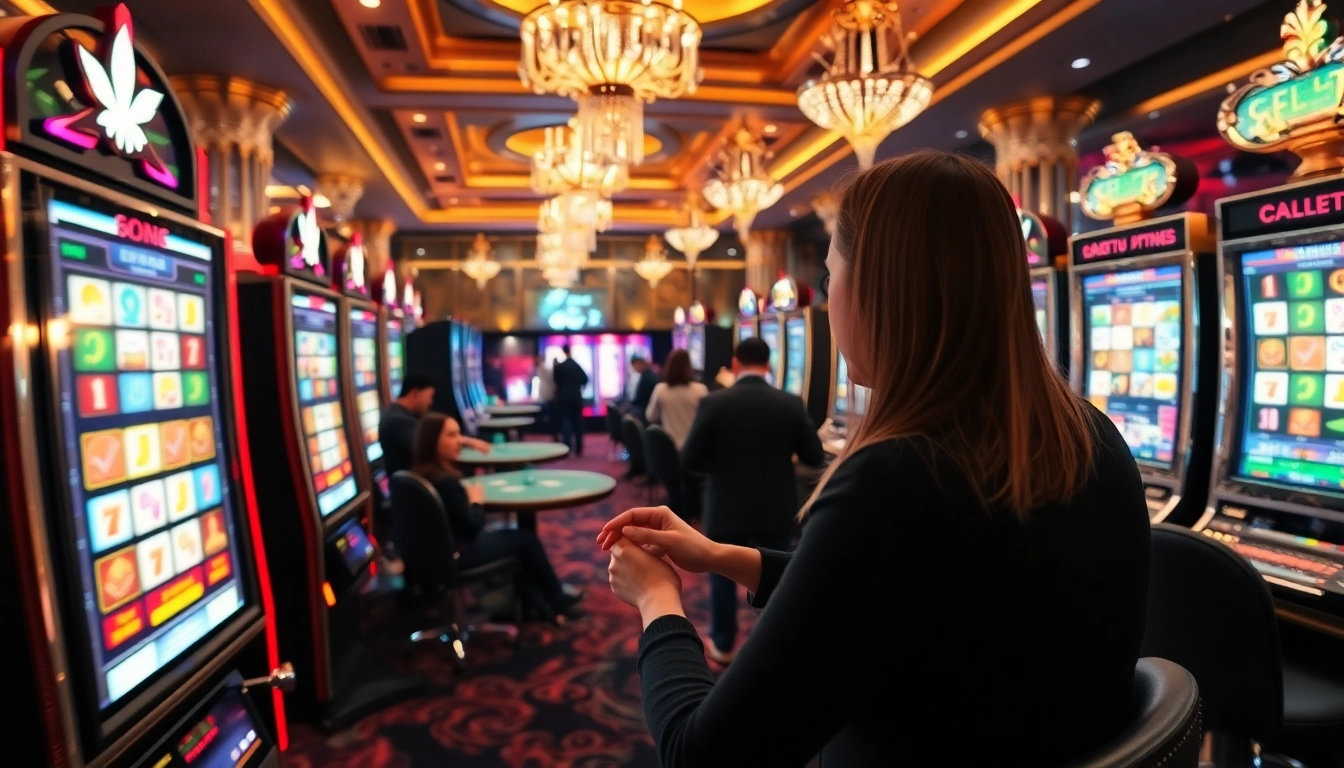 Engaging Slot Game scene with vibrant slot machines and excited players in a luxury casino.