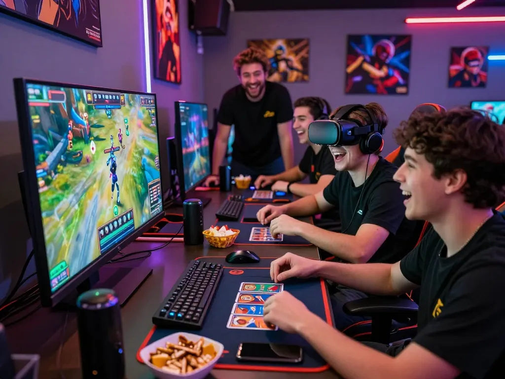 Diverse group enjoying an exciting card game at Sunwin's online gaming platform in a vibrant room.