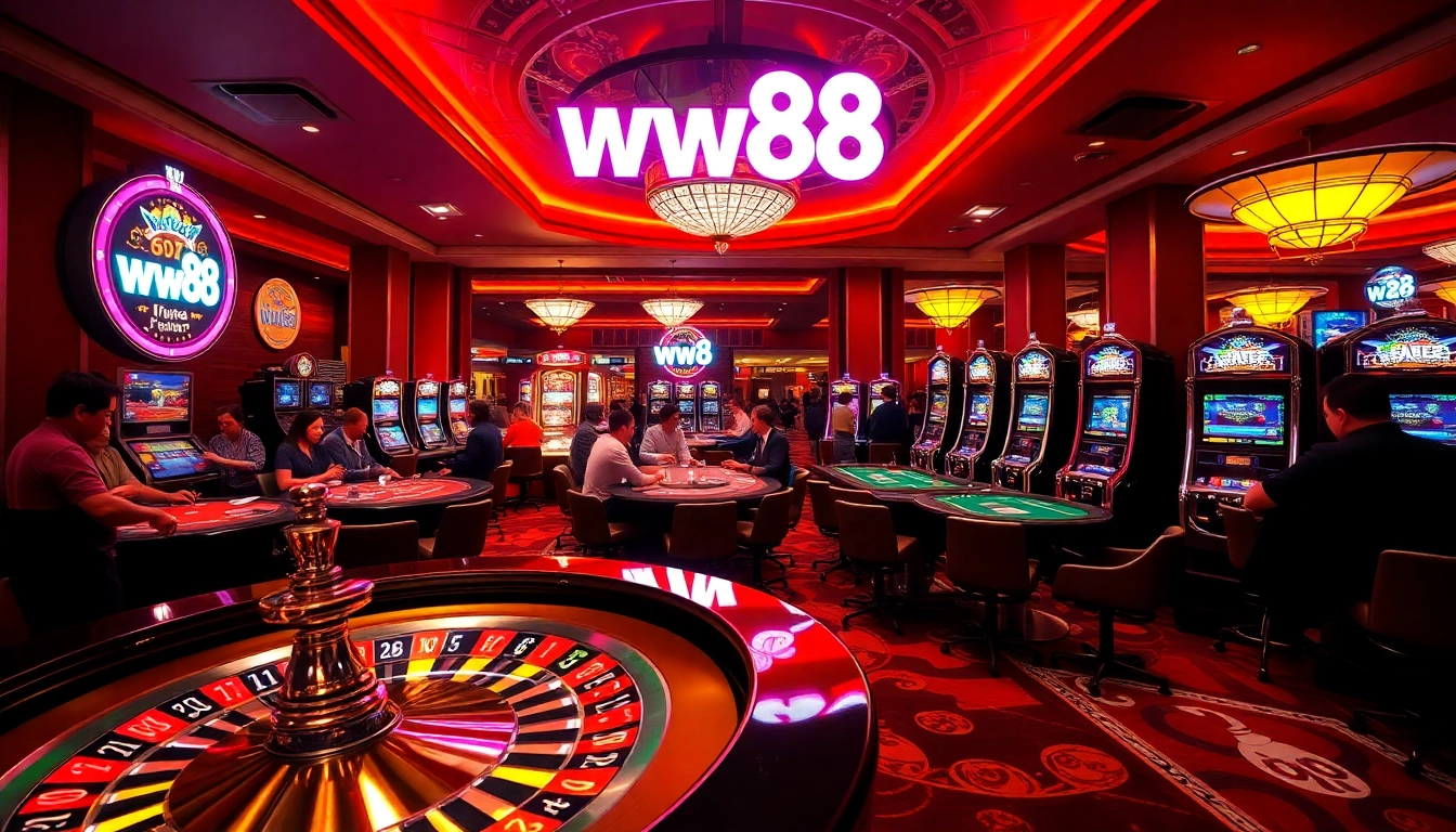 Players enjoying games at ww88 casino with vibrant tables and excited atmosphere.