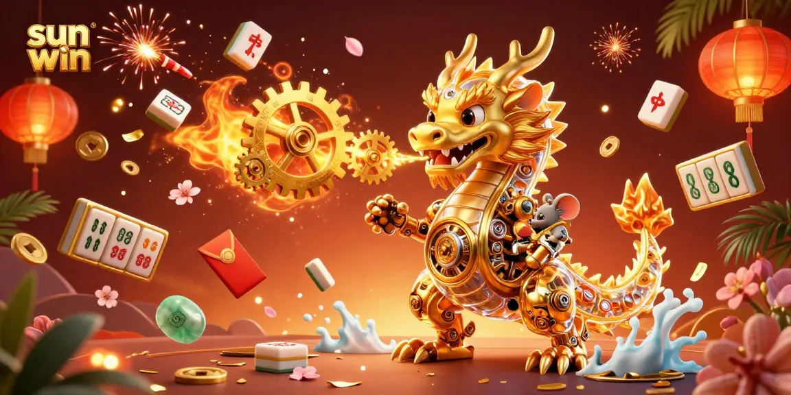 Experience the excitement of sun win with a casino-themed 3D illustration featuring a golden dragon amidst bright gambling elements.