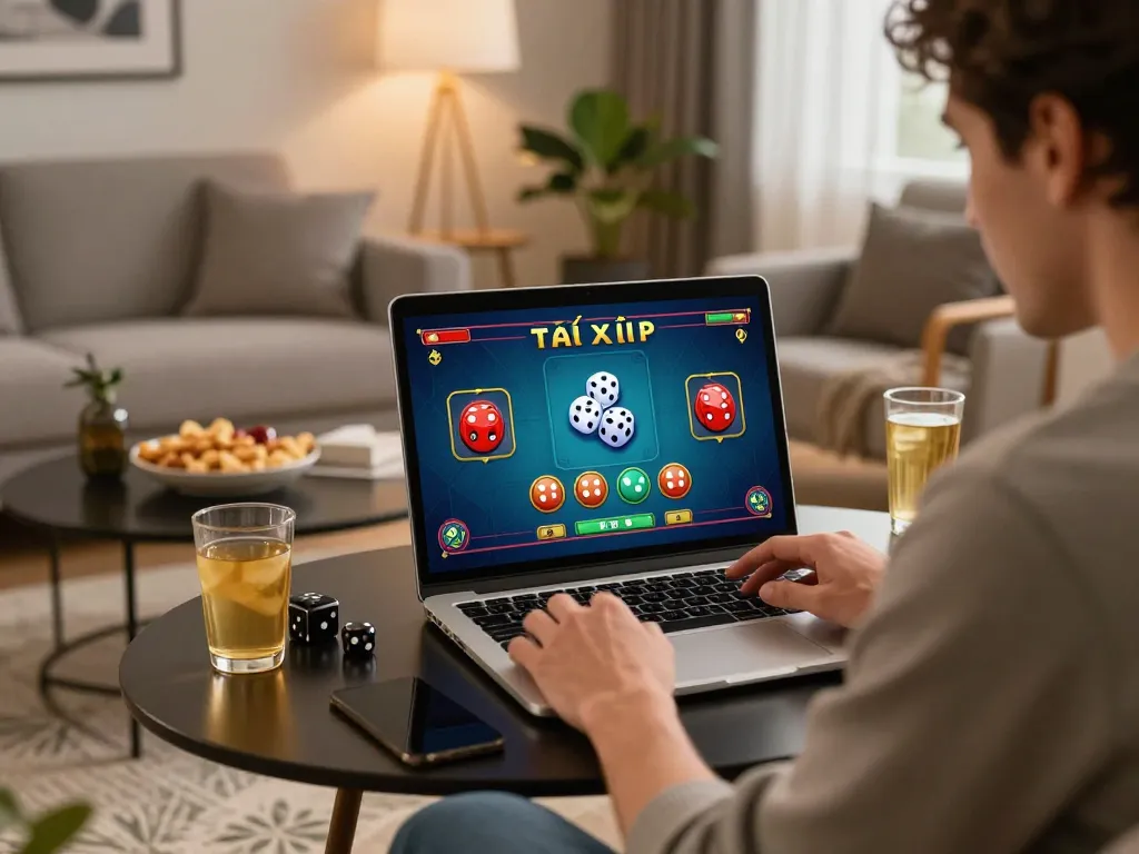 Tài xỉu online gameplay in a modern living room, showcasing player excitement and interactive elements.