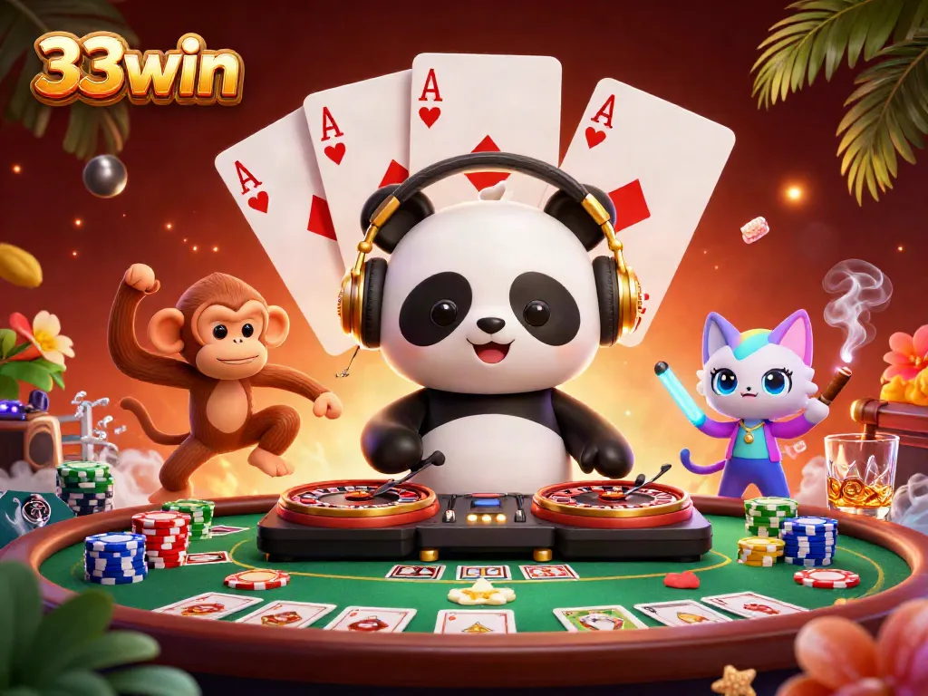 33win-themed lively scene featuring DJ panda spinning roulette turntables with vibrant casino elements.