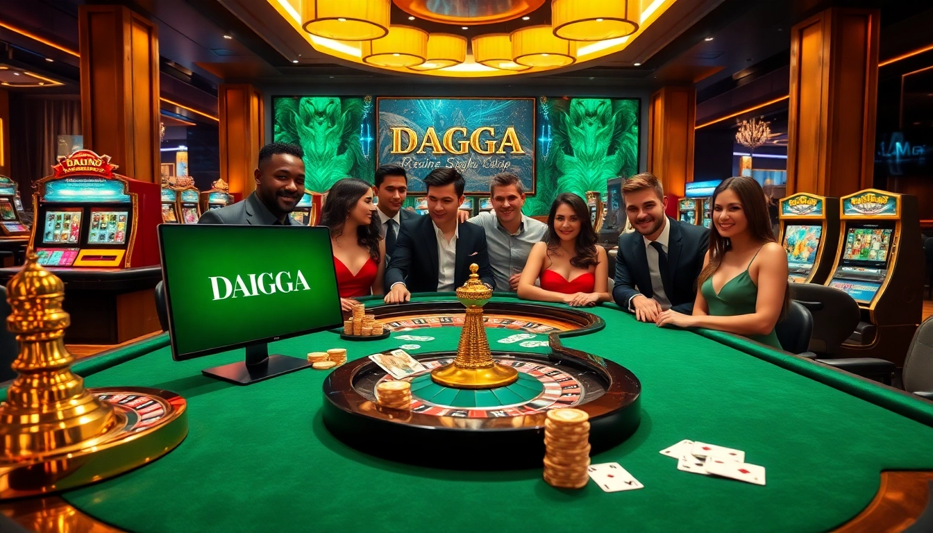DAGA online gambling experience with vibrant casino scene featuring poker, roulette, and slot machines.