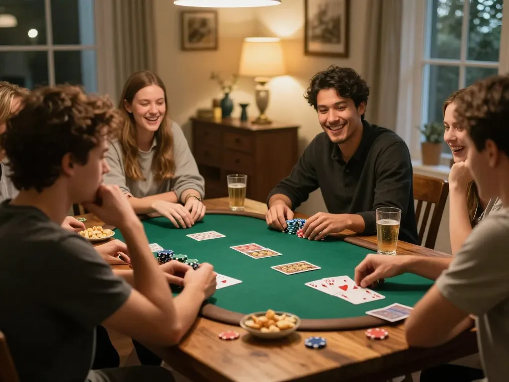 Engaging poker night with friends at home featuring 88club chips and cards, showcasing strategic gameplay.