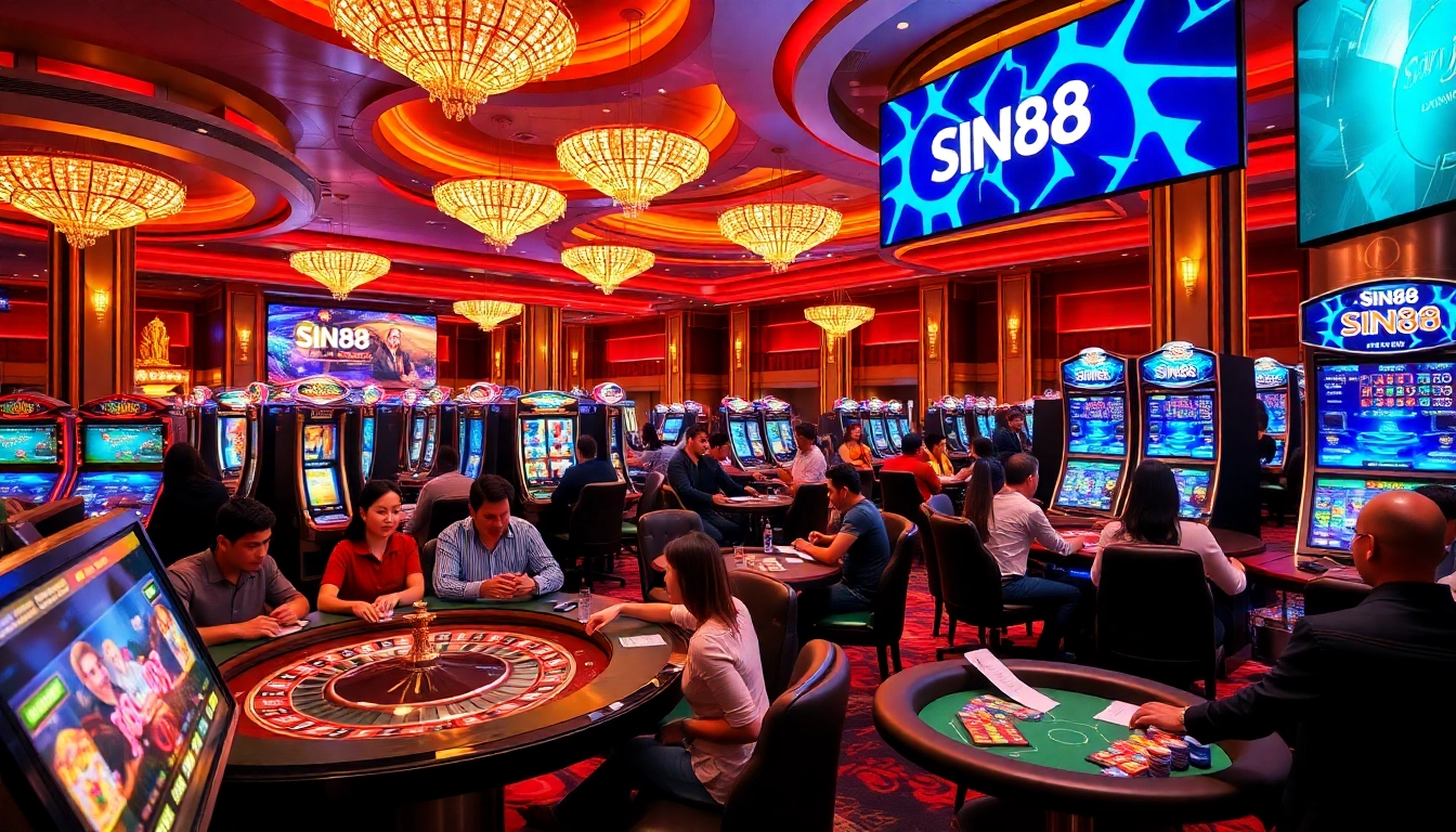 SIN88 branding displayed in a vibrant casino filled with players enjoying thrilling games.