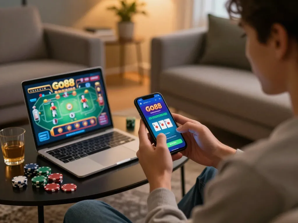 Playing Go88 online casino on smartphone in a cozy home setting