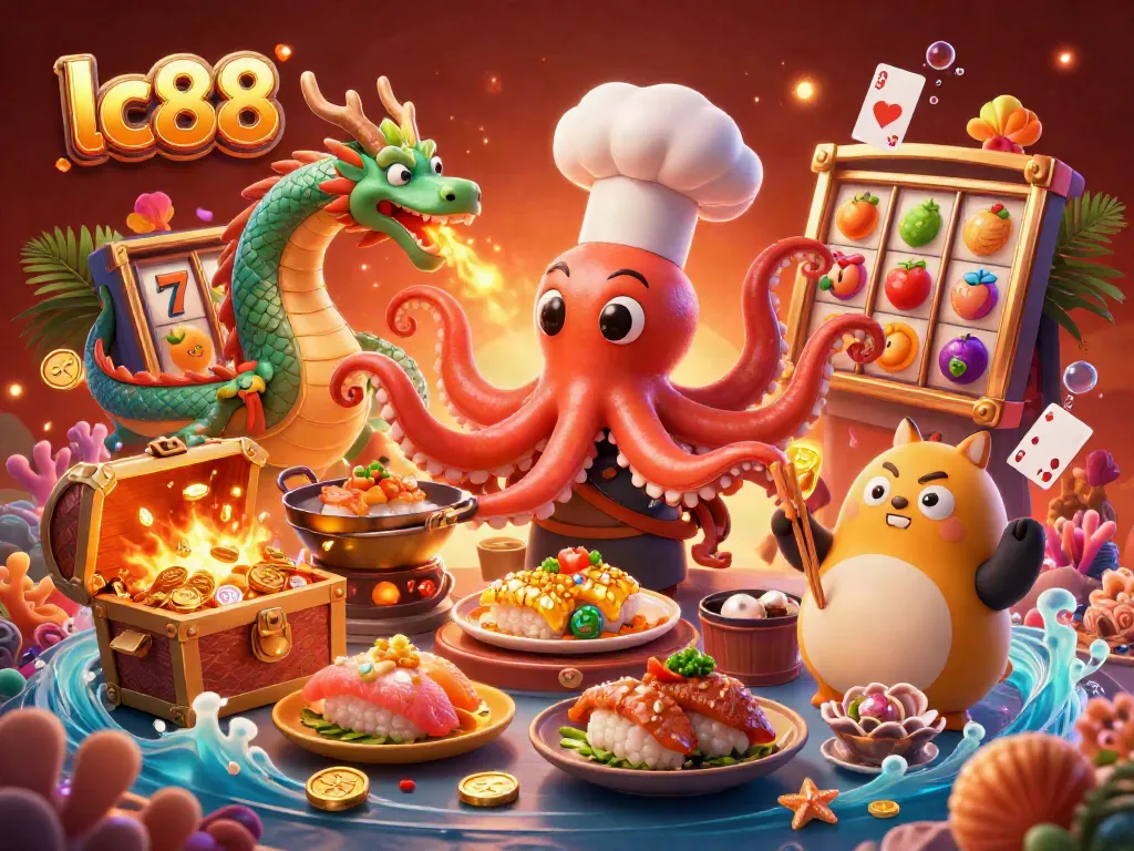 Engage with lc88's casino thrill as a cartoon octopus prepares golden jackpot dishes surrounded by vibrant gaming elements.
