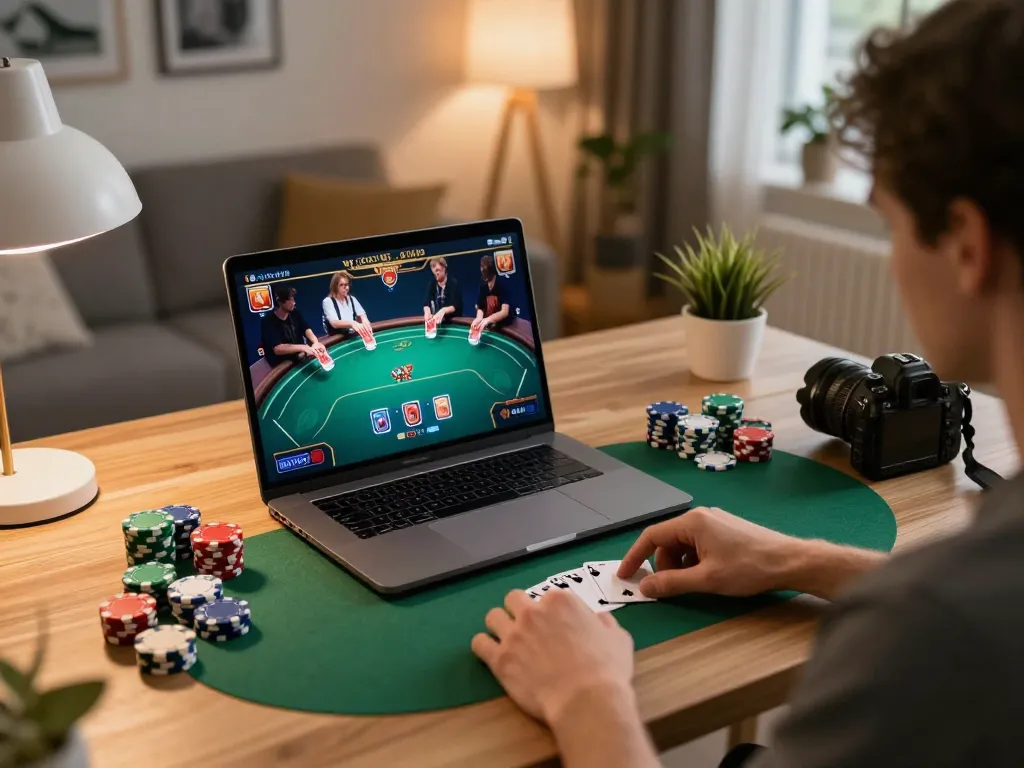Person enjoying an online poker game on a laptop, showcasing fly88mx gaming strategy