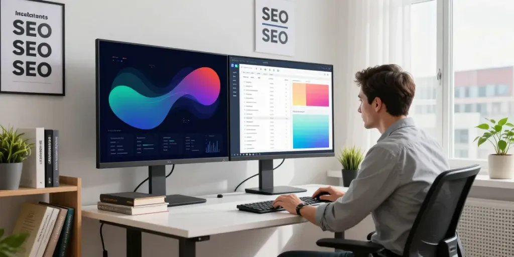 SEO expert analyzing metrics and strategies for instant indexing in a digital marketing office.