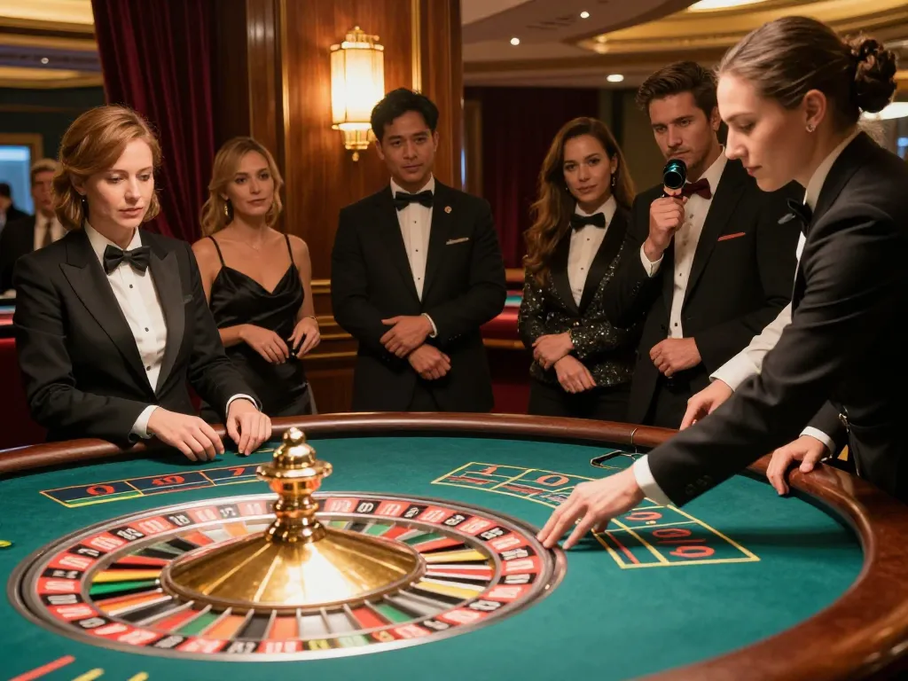 Experience the thrill of betting on mb666 at an upscale roulette table surrounded by eager players.