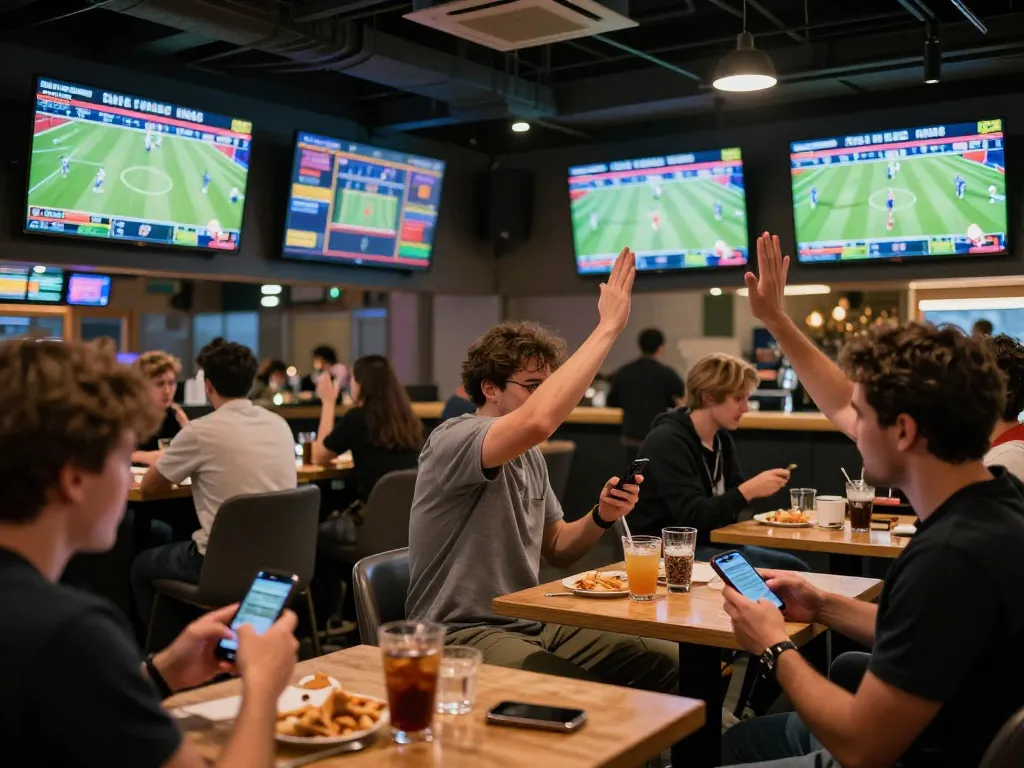 Fans engaging in keo nha cai at a lively sports betting venue, cheering and using smartphones for live updates.