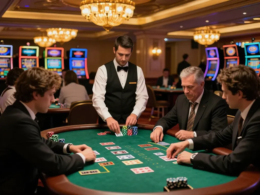 AX 88 players engaging in intense blackjack gameplay at a luxurious casino, showcasing strategic moves and vibrant atmosphere.