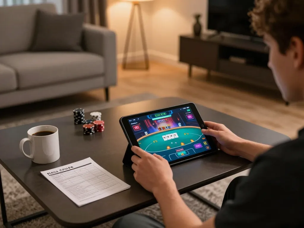 Bay789 player engaging in competitive online poker at home with vibrant tablet interface