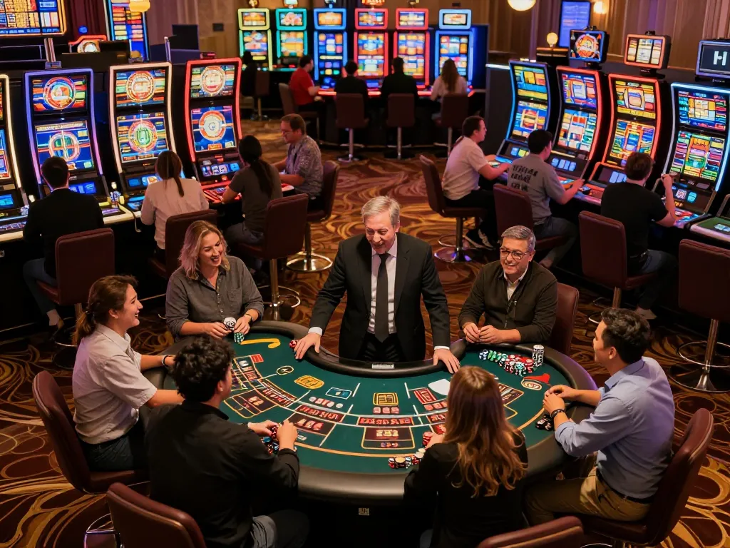 Players celebrating wins at https://qtr88.com/ casino floor, showcasing vibrant gaming action and competitive spirit