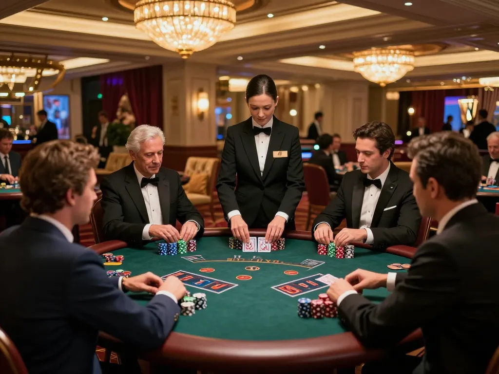 Players engaging in a high-stakes blackjack game at a luxurious casino, capturing the fooballl ambiance of excitement and strategy.