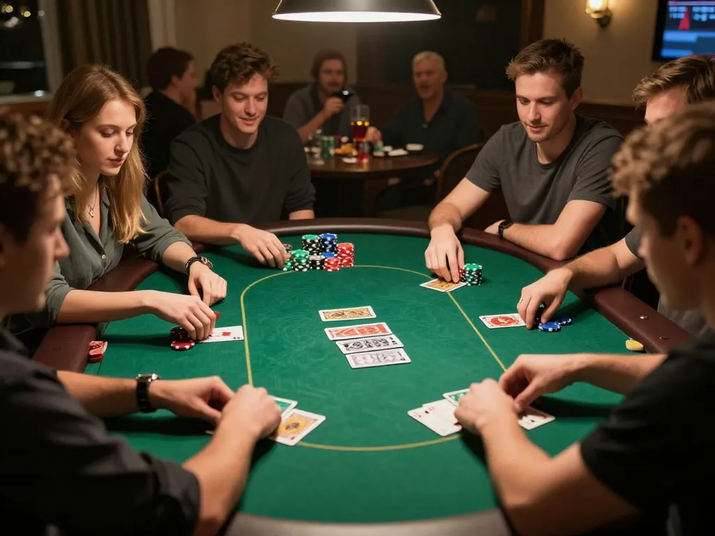 Players excited over a winning poker hand at mb666 home game night, capturing strategic gameplay.