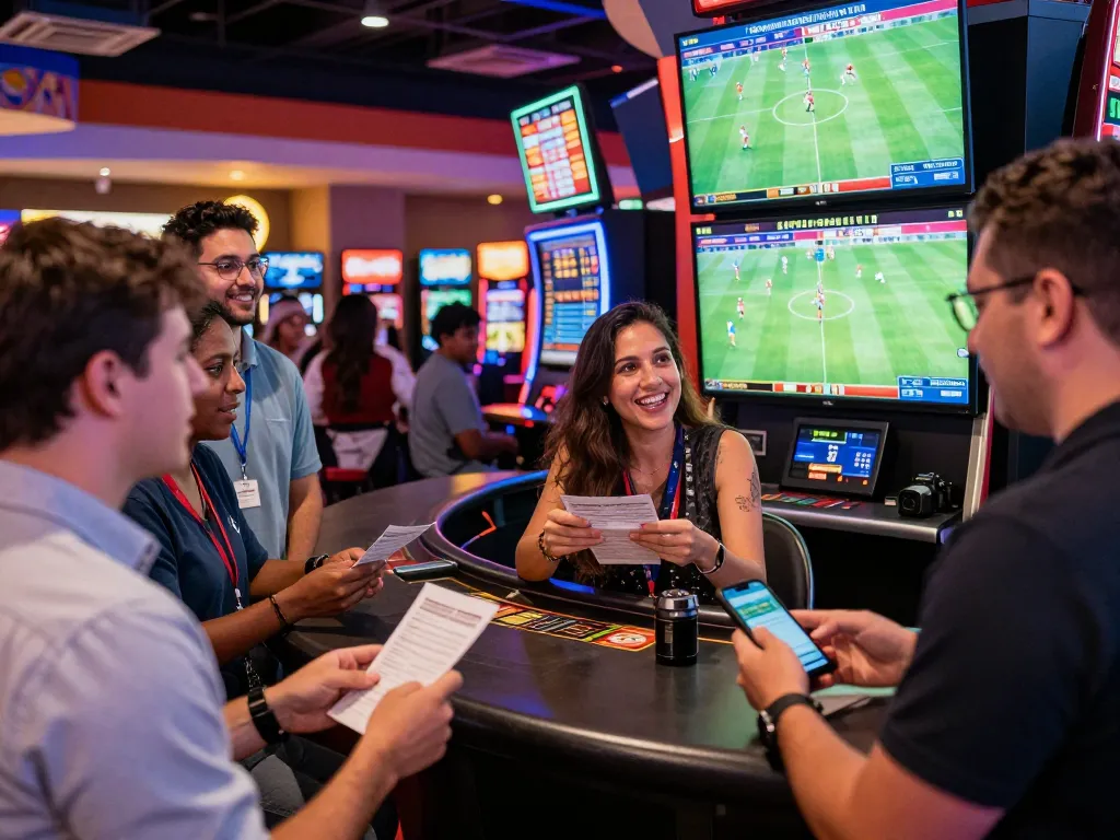 Excited bettors engaging with live odds at the MM88 sportsbook, capturing a vibrant casino atmosphere.