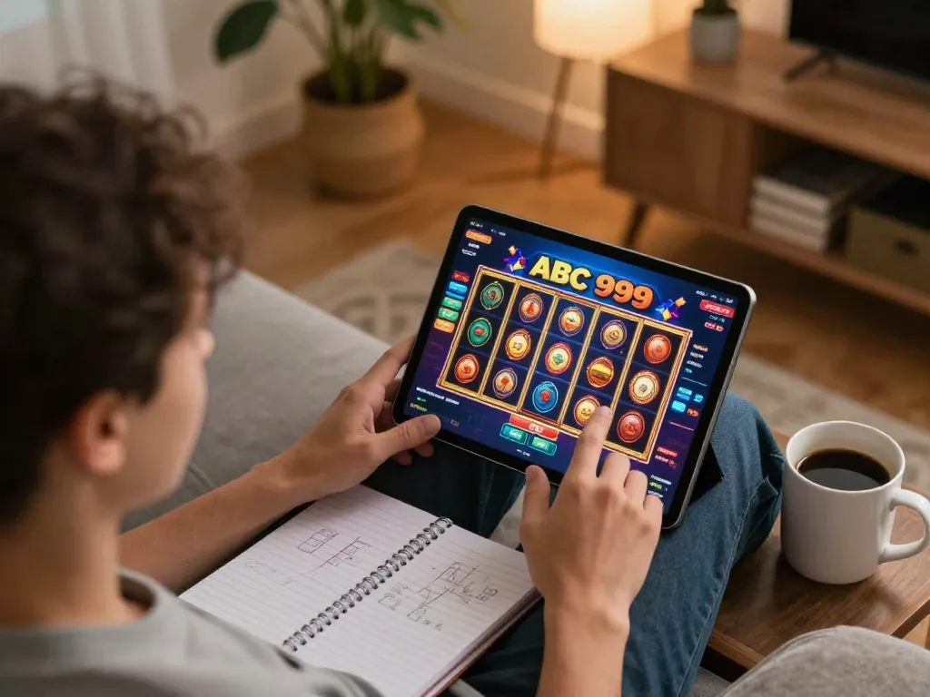 Player enjoying ABC 999 online casino gaming on tablet in a cozy home setting.