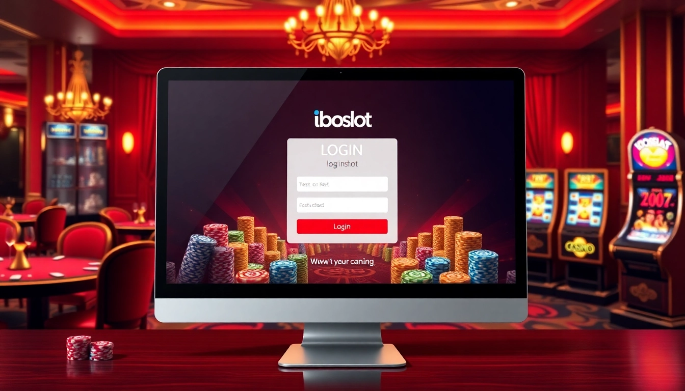 Iboslot login on a sleek computer screen, with vibrant casino elements like poker tables and slot machines.