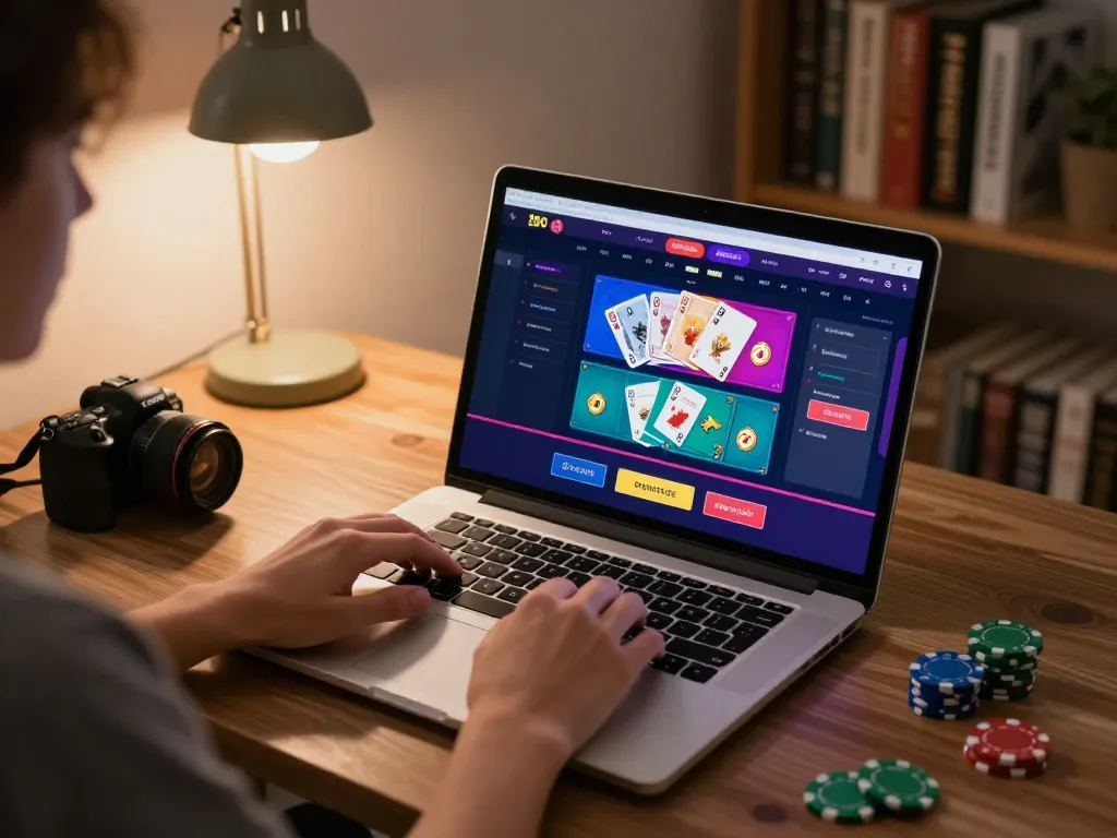 Engaging in online gameplay at 78WIN, showcasing a vibrant casino interface on laptop, strategic focus evident.