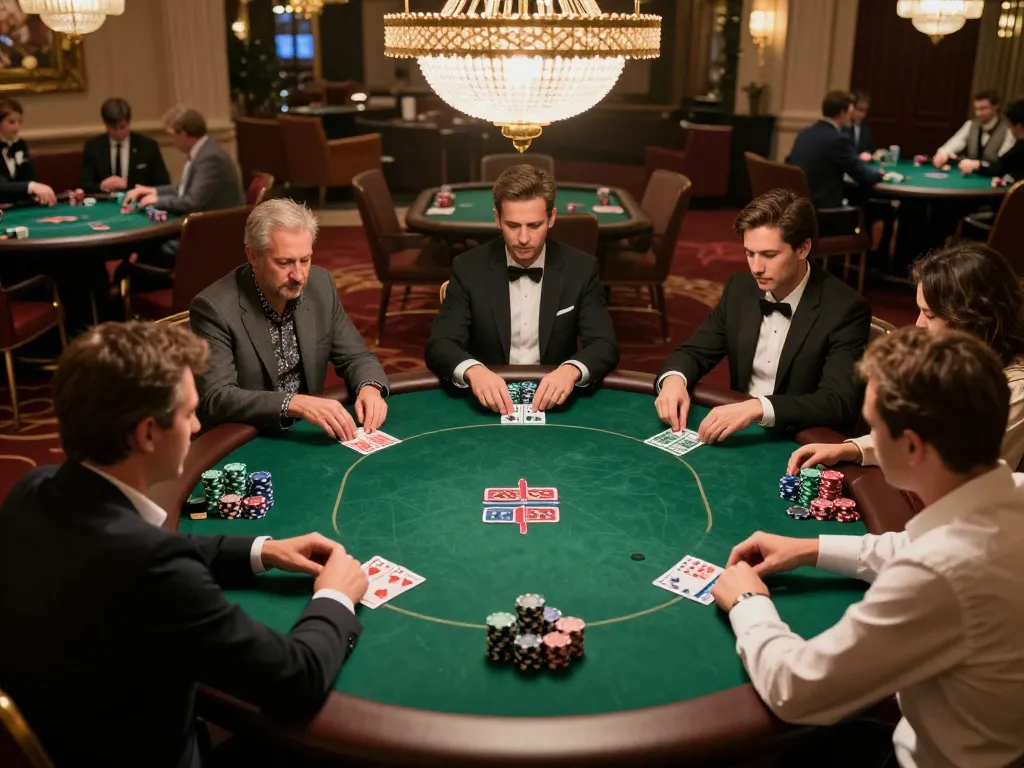 Players engaging in a high-stakes poker game at 98win casino, excitement visible with chips stacked and cards laid out.