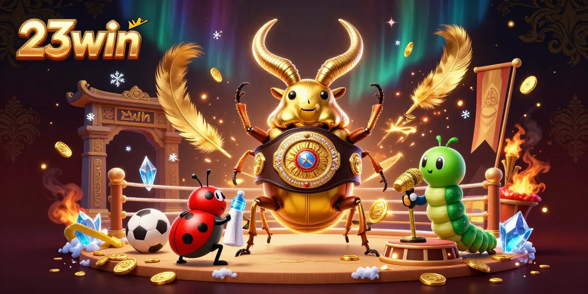 Experience 23win as the giant beetle battles for betting glory, surrounded by casino-themed excitement.